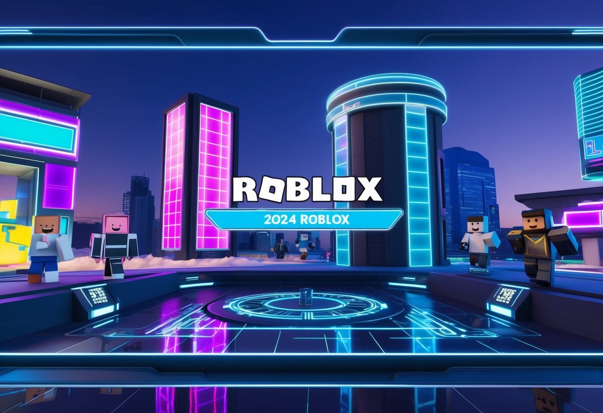 A futuristic cityscape with neon-lit buildings and sleek, high-tech interfaces showcasing the latest 2024 Roblox features