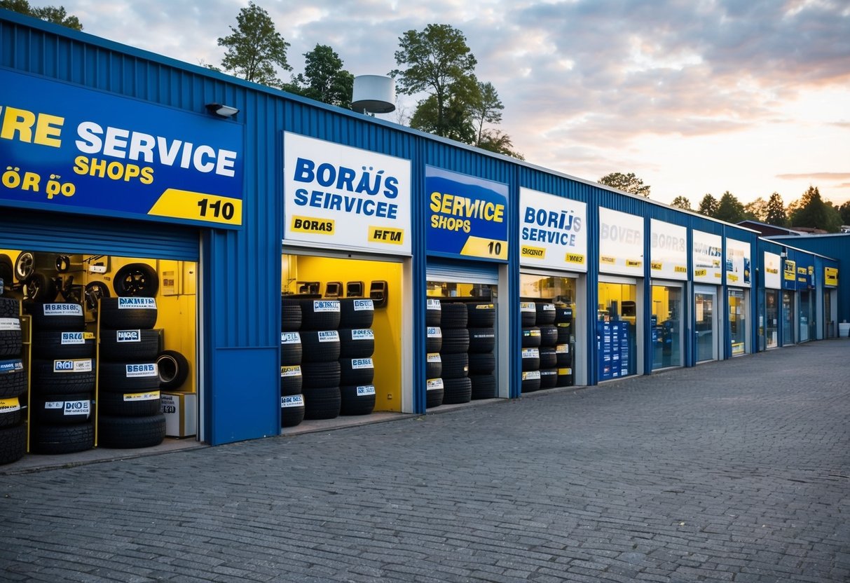 En rad av 10 däckservicebutiker i Borås, Sverige, som var och en visar sina tjänster och specialiteter på ett livligt och inbjudande sätt