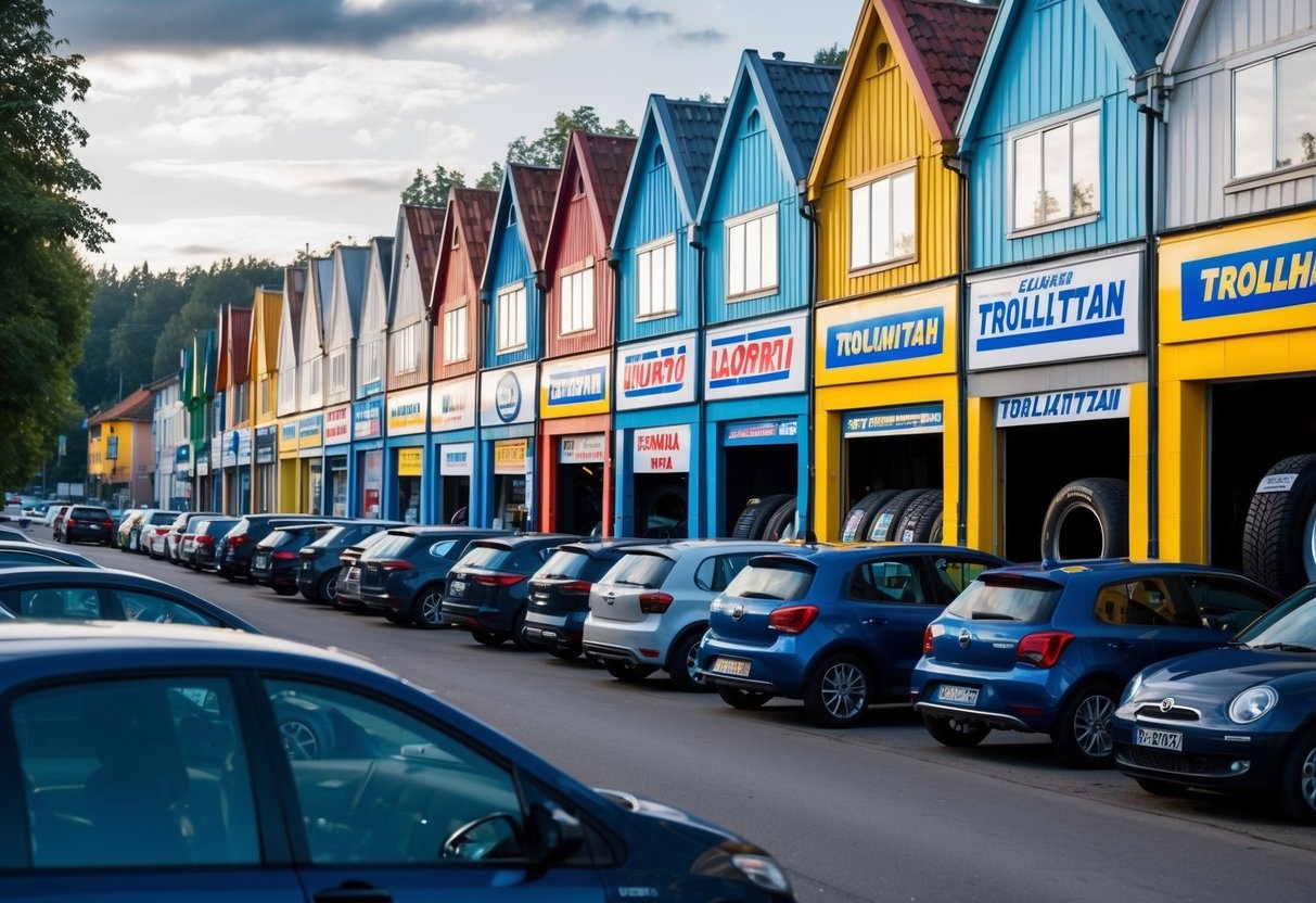 En rad av färgglada däckbutiker i Trollhättan, var och en med en annan logotyp och skyltning, omgiven av parkerade bilar och en livlig gata