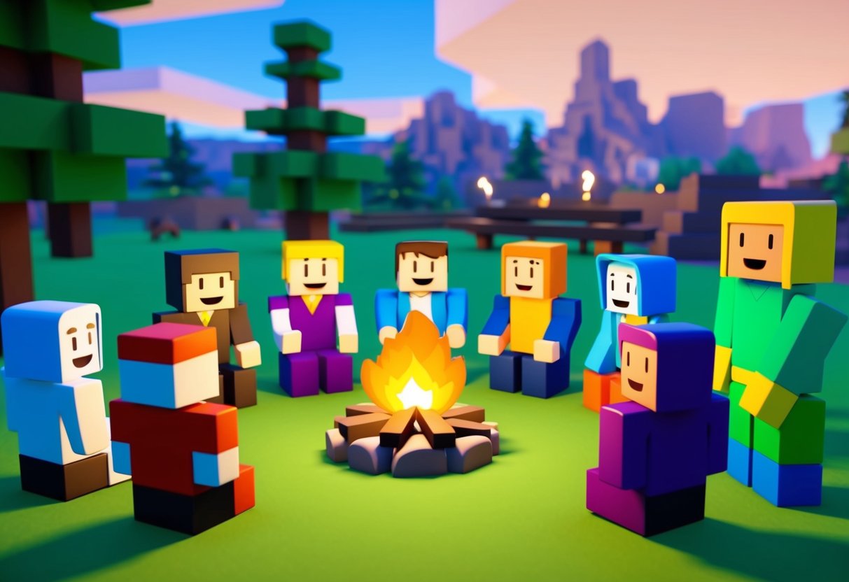 A group of diverse Roblox avatars gather around a virtual campfire, chatting and laughing while using the new voice chat feature