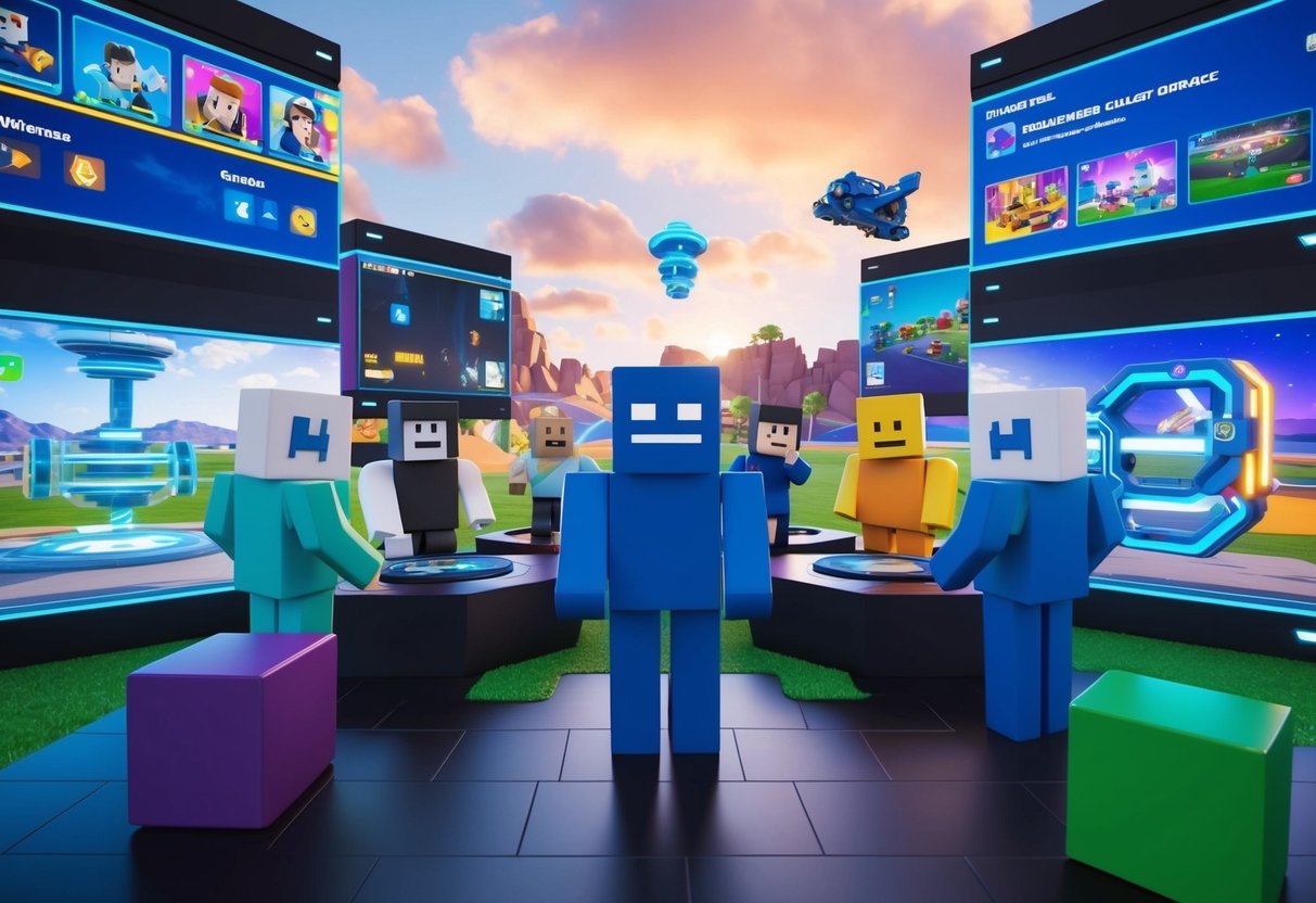 A group of customizable avatars interact with various futuristic gaming features in a virtual world, showcasing advanced technology and immersive experiences