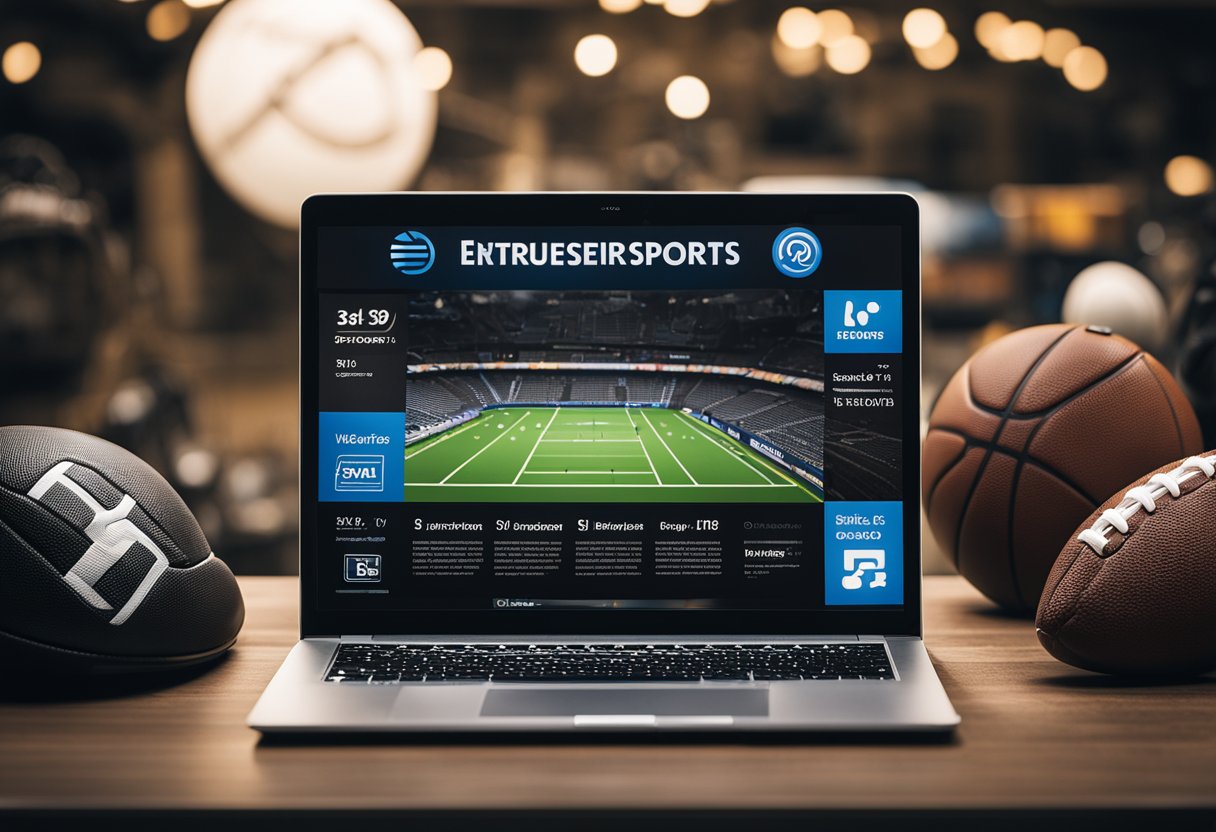 A laptop displaying the Etruesports website with a section for entering discount codes, surrounded by sports equipment and gear