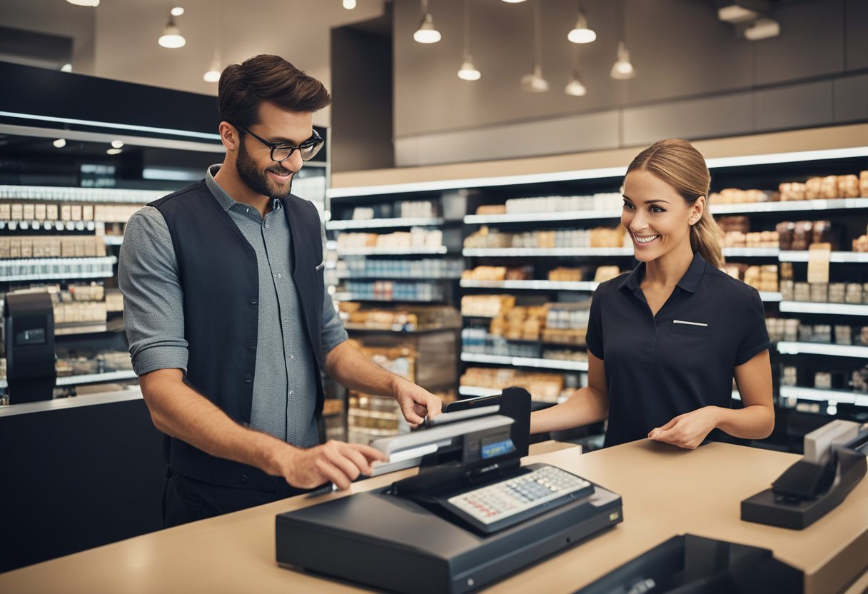 A customer presenting a discount code at a checkout counter while a store employee adjusts the price of an item to match a competitor's lower price