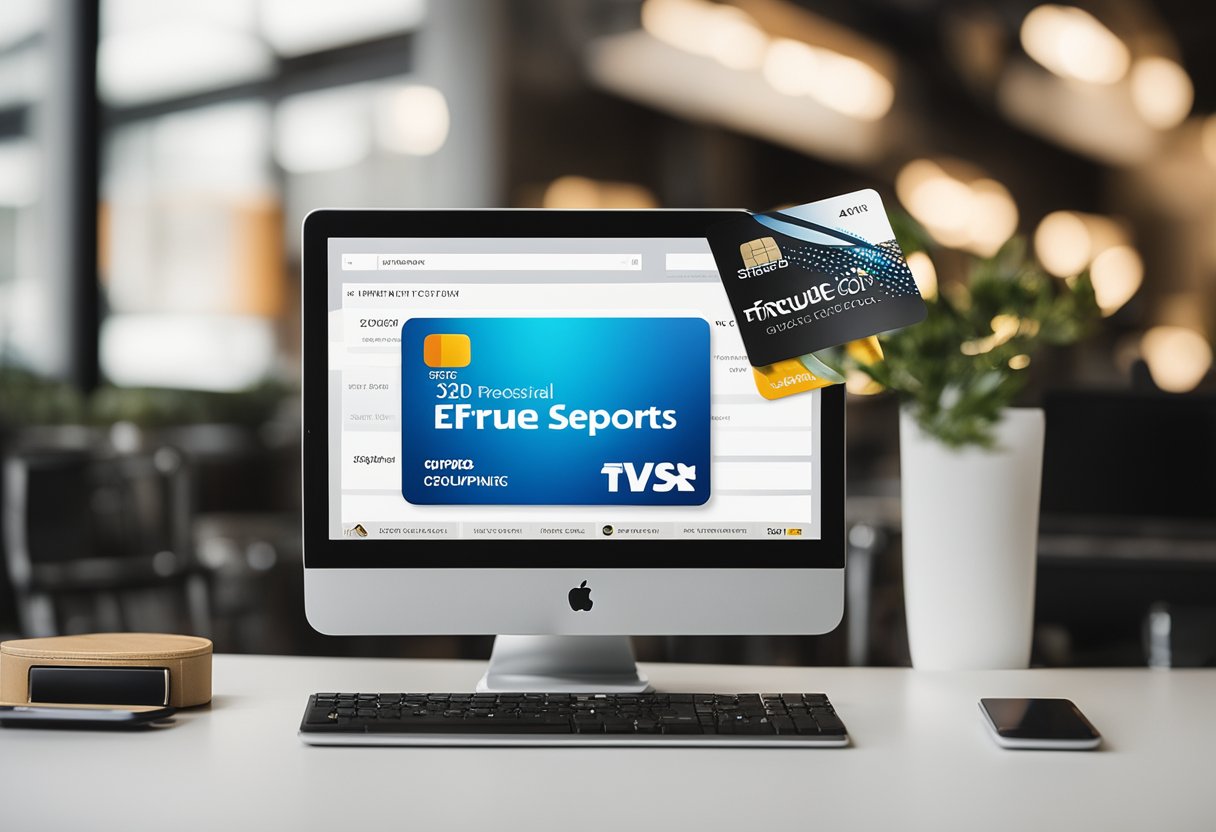 A stack of gift cards and merchandise credits arranged next to a computer screen displaying the Etruesports website with a discount code input field