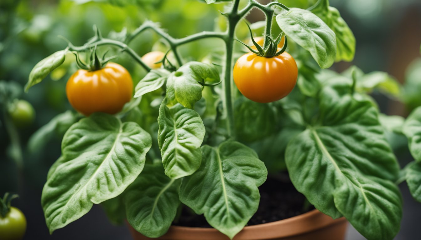 The tomato plant in a pot shows wilted, yellowing leaves, indicating overwatering