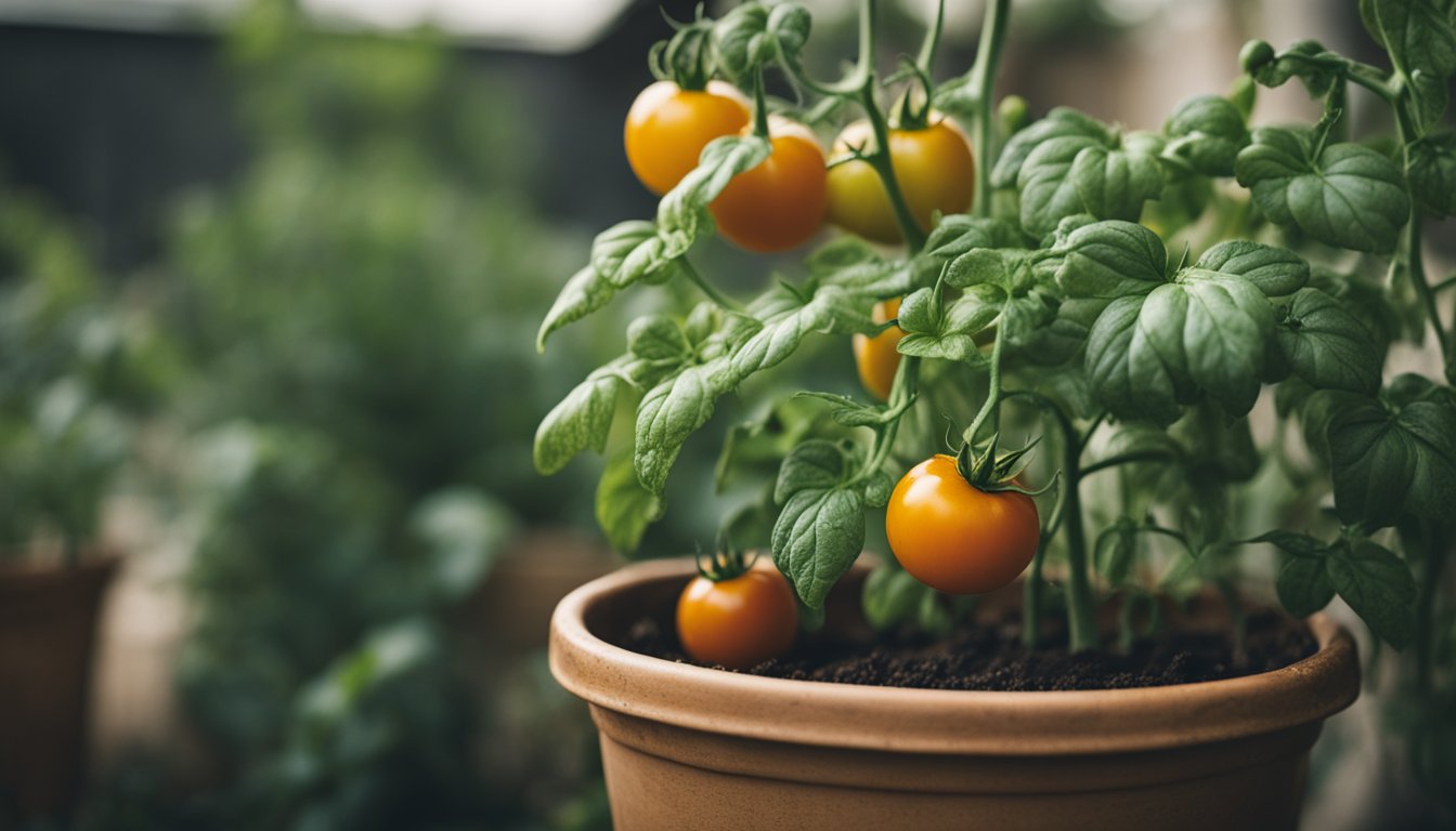 A close-up of a tomato plant in a pot with wilted, yellowing leaves, showing signs of overwatering