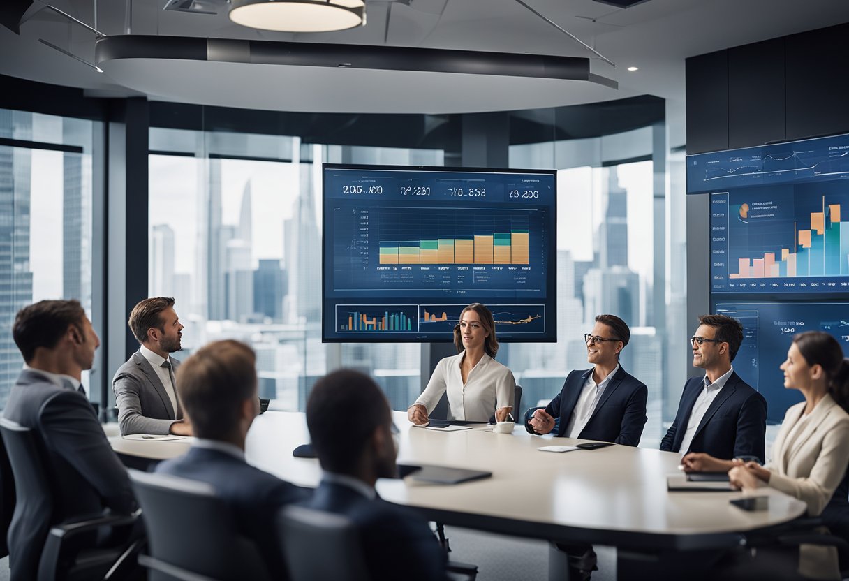A group of professionals discussing asset allocation strategies in a modern office boardroom with charts and graphs on a large screen