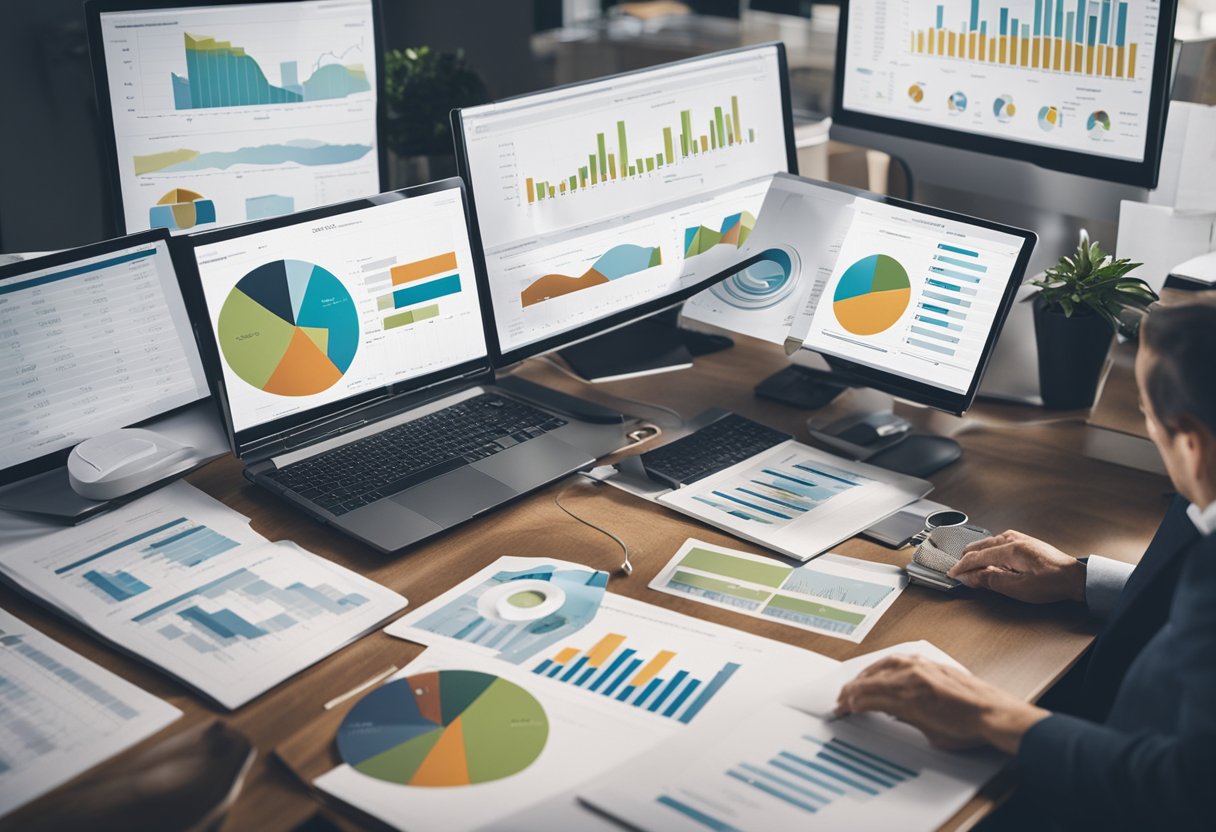 A person sitting at a desk surrounded by charts, graphs, and financial reports, carefully weighing options for asset allocation strategies