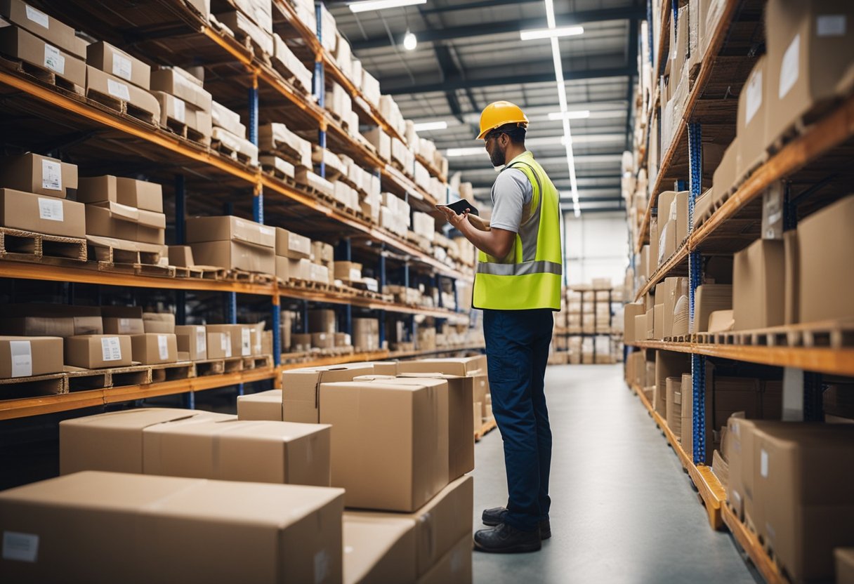 A warehouse with rows of shelves holding various items, each labeled with a barcode. A worker uses a handheld scanner to track and manage inventory
