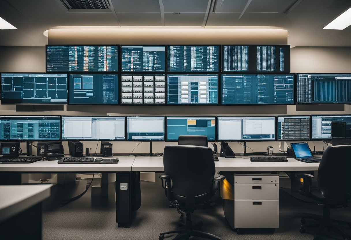 A secure facility with surveillance cameras, access control systems, and inventory management software