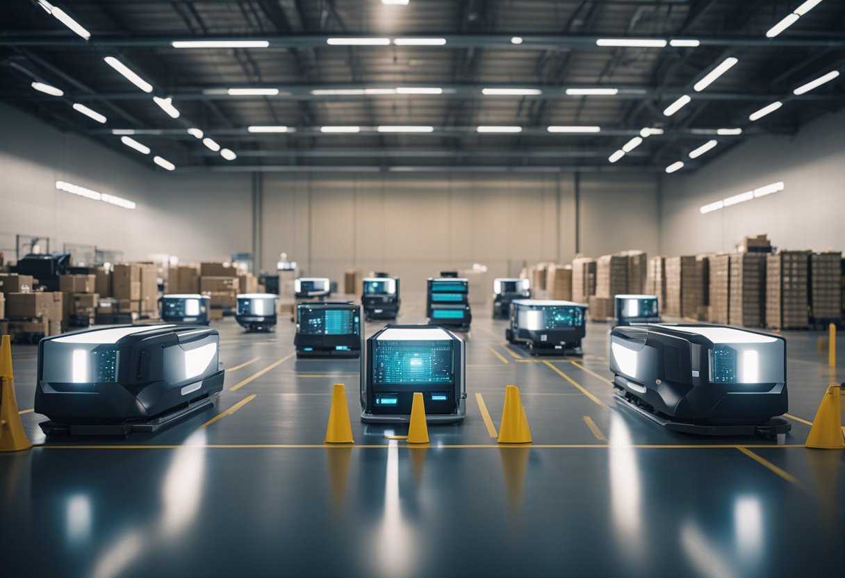 A futuristic warehouse with automated robots scanning and organizing inventory using advanced tracking technology