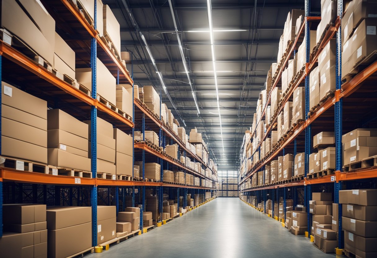 A warehouse with rows of shelves, each holding various equipment and inventory. A barcode scanner and computer are set up for tracking and managing assets