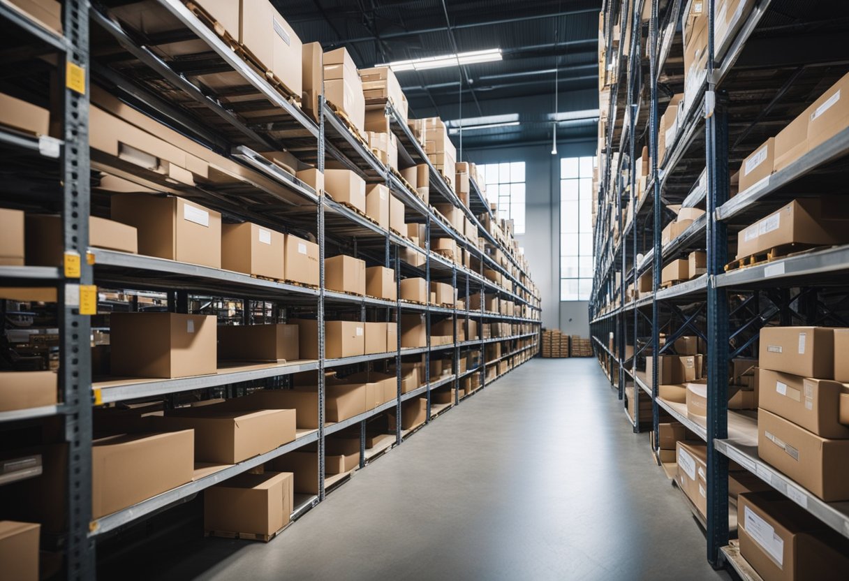A warehouse with shelves of labeled inventory and a computerized tracking system. Staff members scanning and organizing items