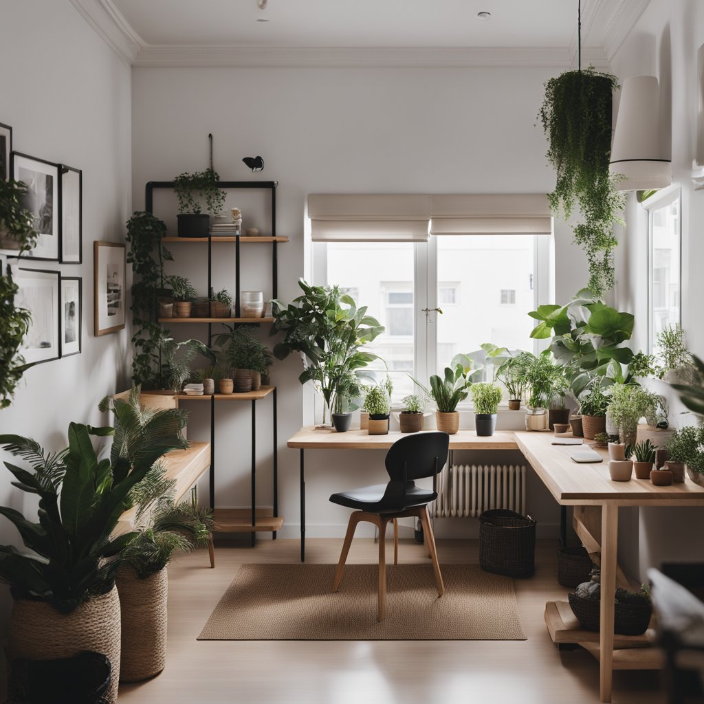 Une pièce épurée avec seulement des meubles et des décorations essentiels, un bureau rangé avec un minimum d'objets, une garde-robe capsule soigneusement organisée, un repas simple en train d'être préparé dans une cuisine propre, un espace extérieur serein avec peu de plantes et des éléments naturels.