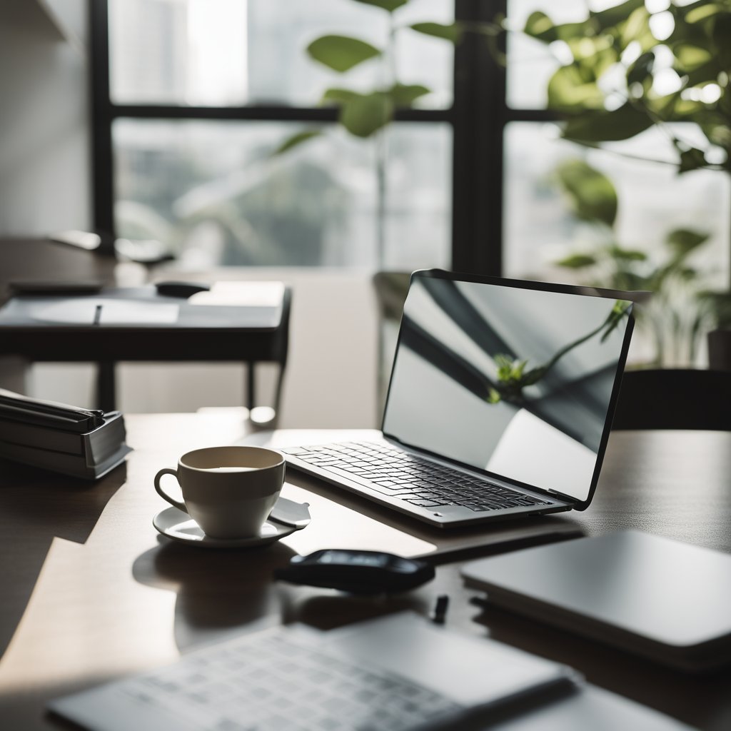 Un espace de travail dégagé avec un ordinateur portable, un carnet et un stylo. Un environnement serein avec une décoration minimaliste et un éclairage naturel.