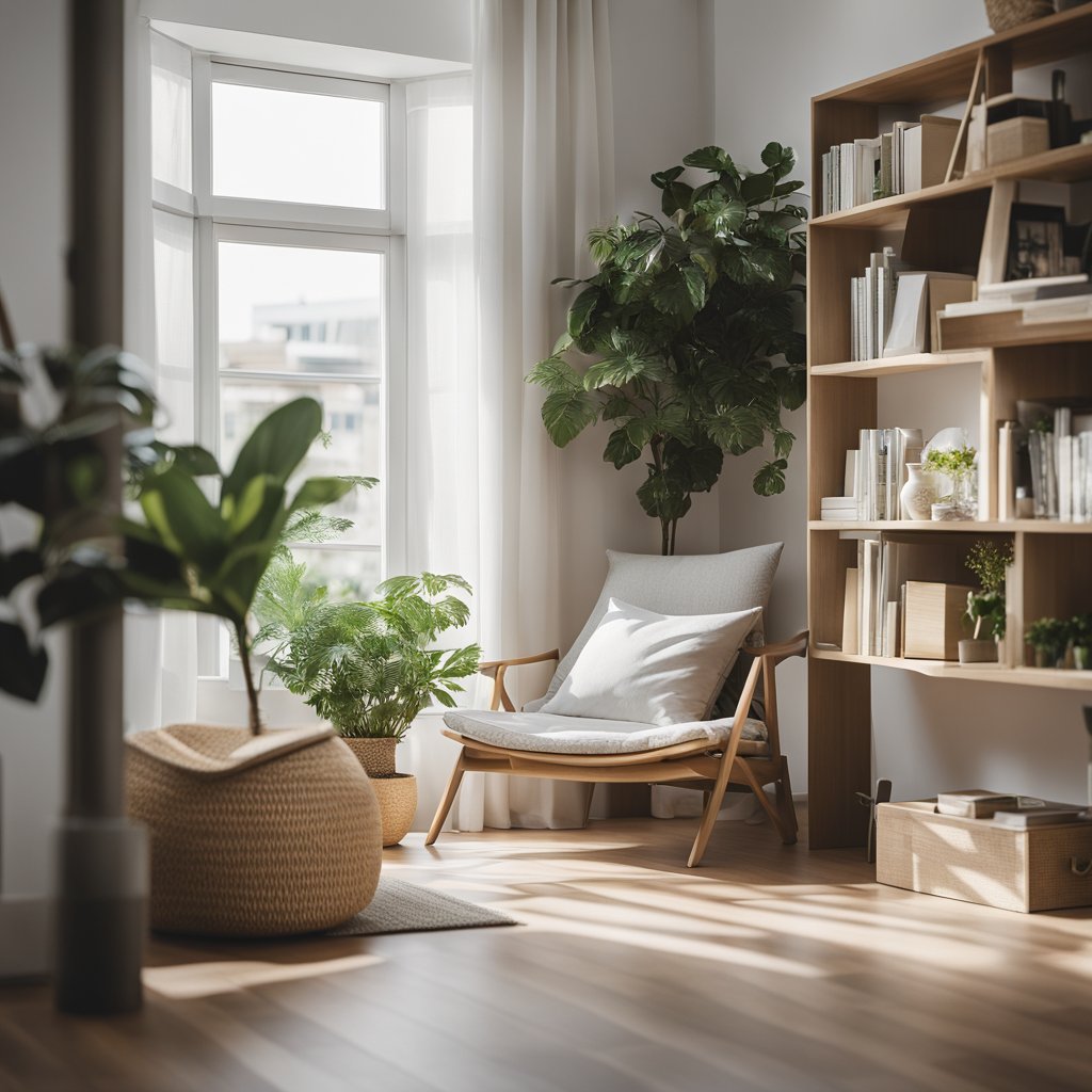 Une pièce sereine et dégagée avec des meubles simples et de la lumière naturelle. Un coin lecture confortable avec quelques éléments essentiels. Une plante ajoute une touche de verdure.