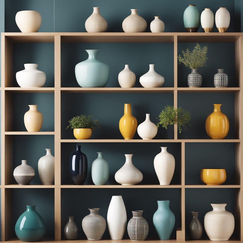 Une collection de vases en céramique disposés sur diverses étagères et tables dans différentes pièces d'une maison moderne et élégante.