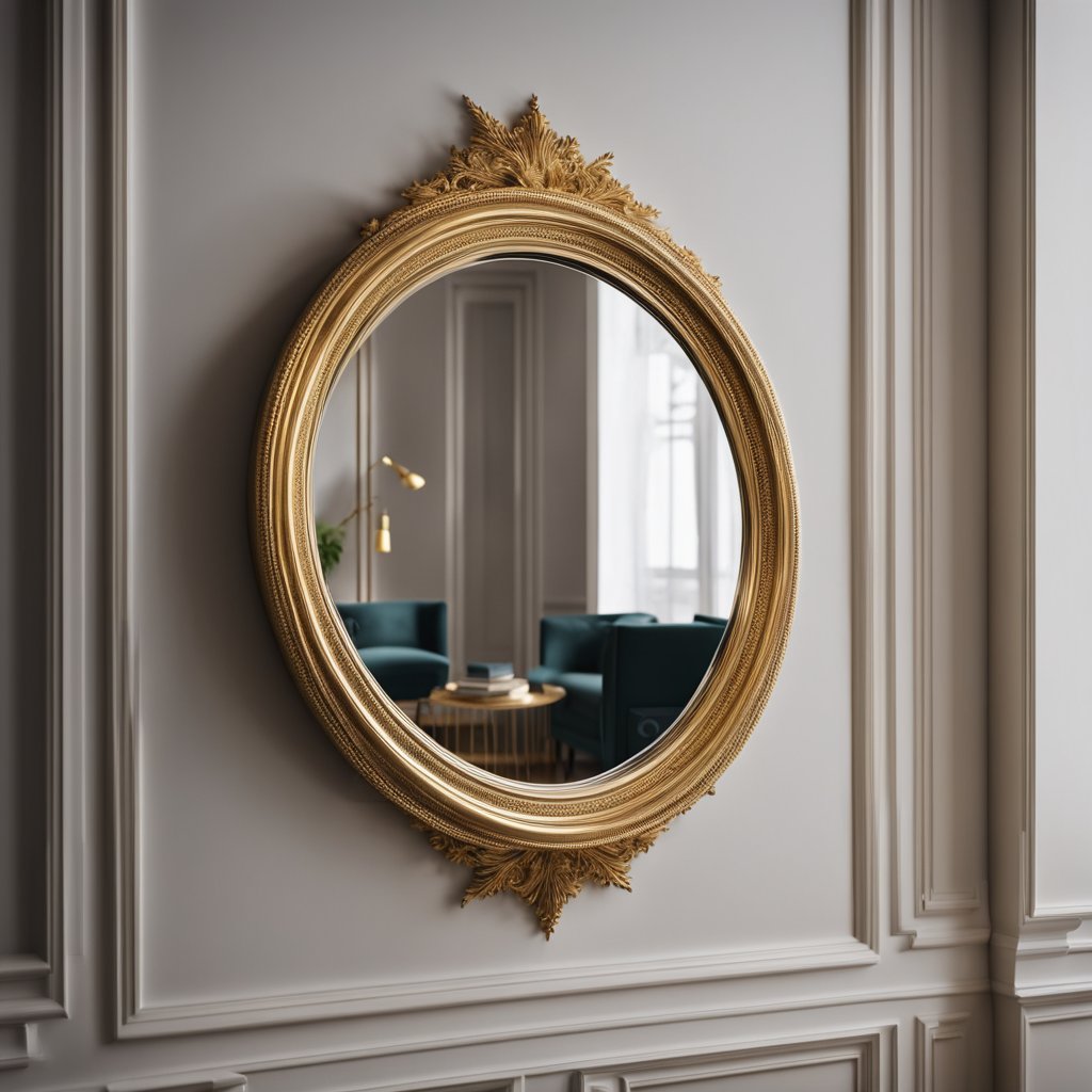 Un miroir en métal doré suspendu à un mur, réfléchissant l'intérieur d'une maison élégante avec différentes pièces et décorations.