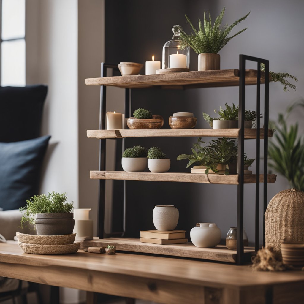 Une étagère en bois rustique avec des étagères en bois flotté, ornée de divers objets décoratifs, se trouve dans un salon confortable, ajoutant une touche de charme naturel à l'espace.