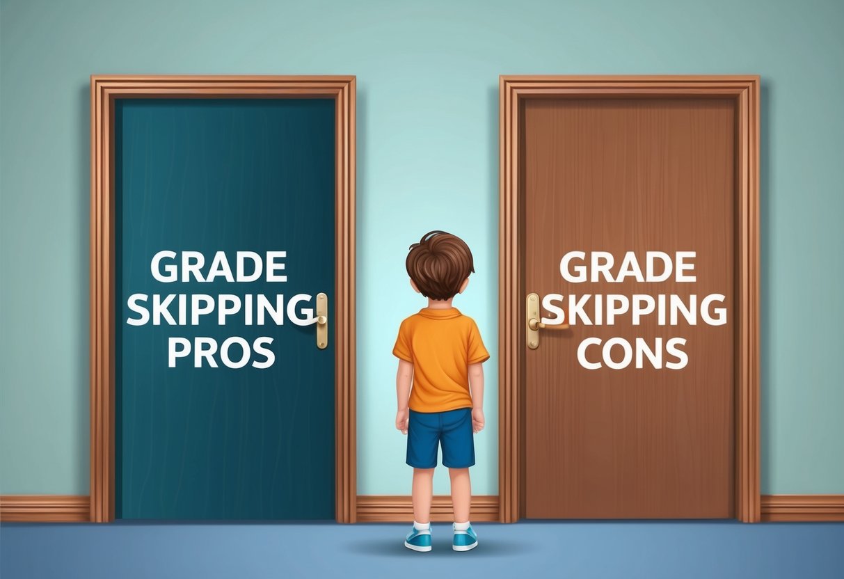 A child standing between two doors, one labeled "Grade Skipping Pros" and the other "Grade Skipping Cons," contemplating which path to take