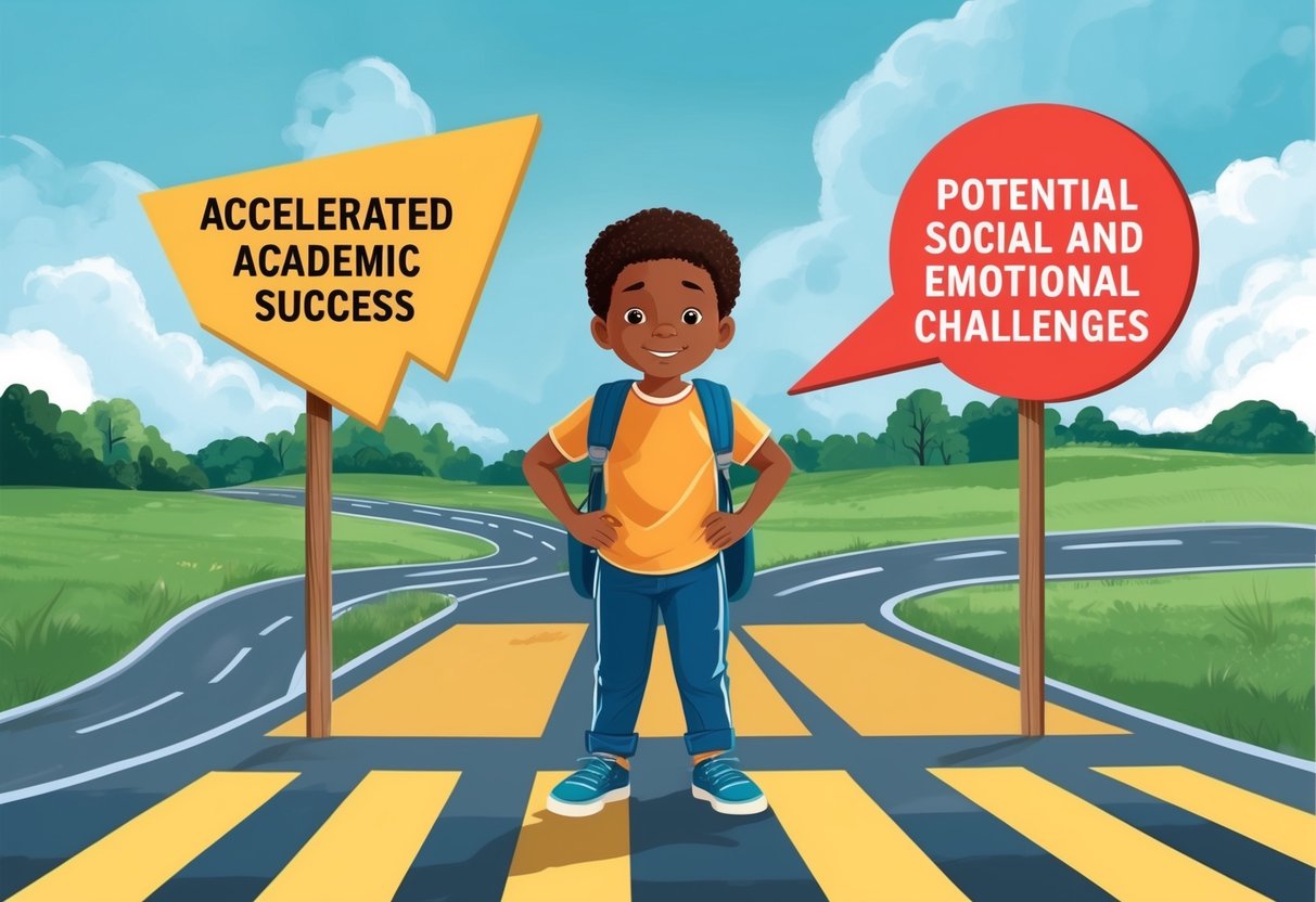 A child stands at a crossroads, one path leading to accelerated academic success and the other to potential social and emotional challenges