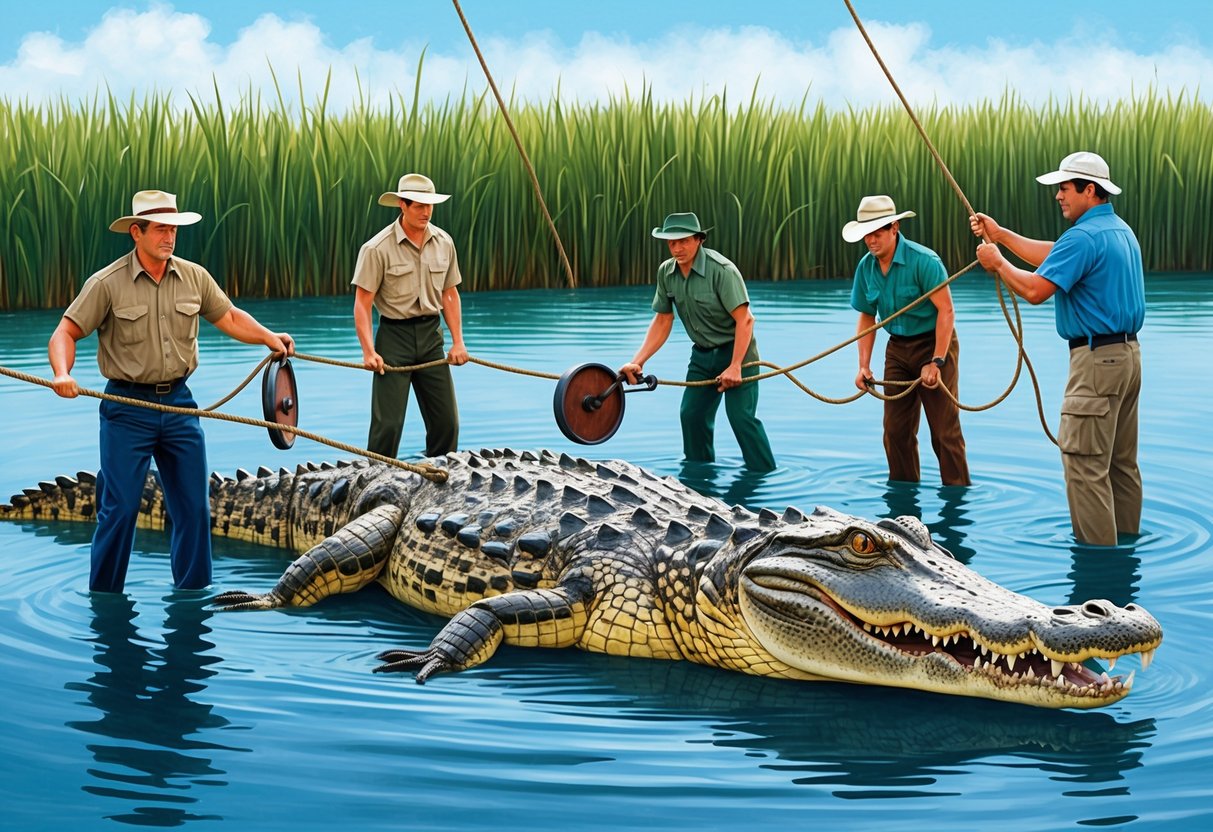 A massive alligator being pulled from the water by a group of people with ropes and pulleys