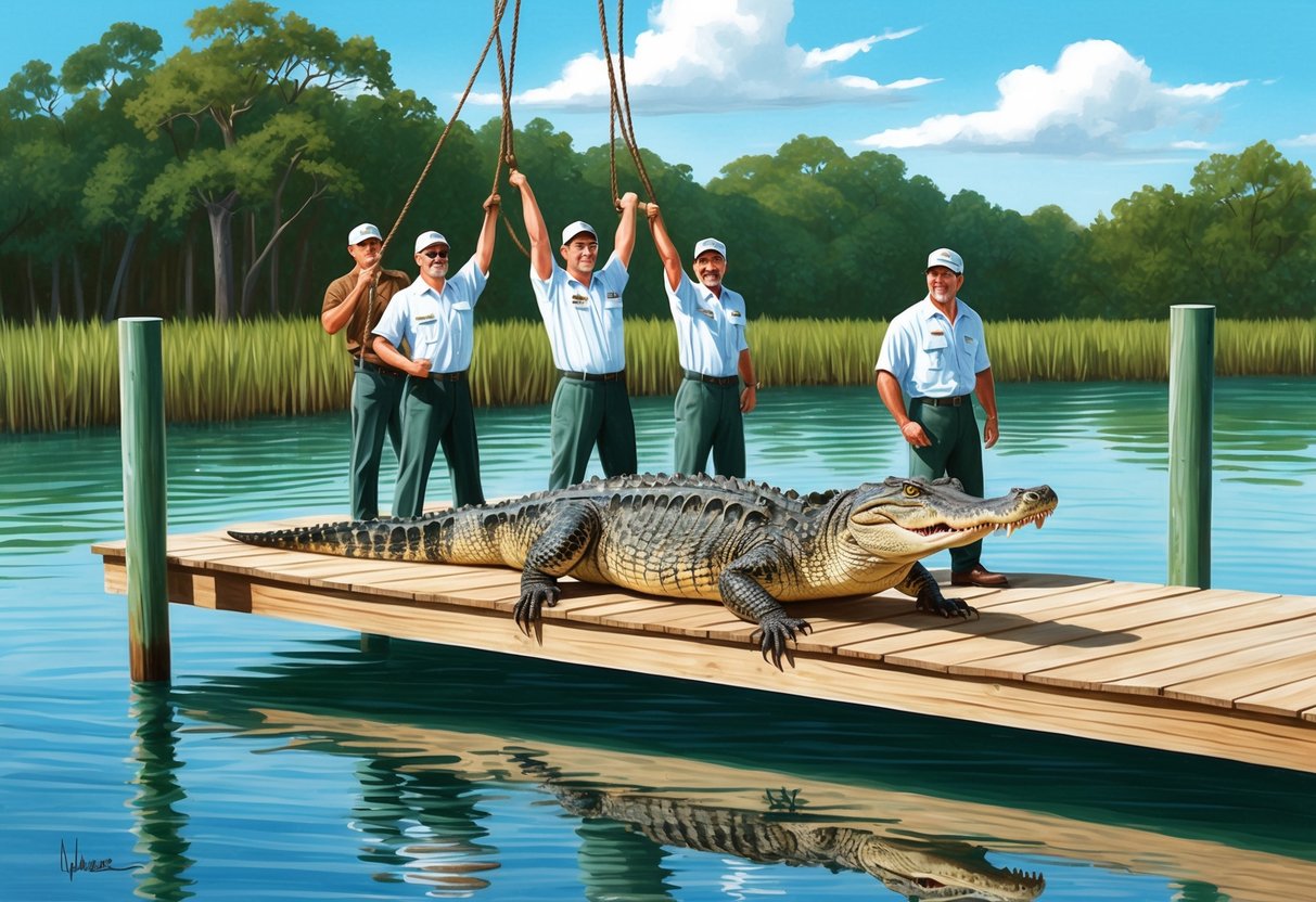 A group of men hoisting a massive alligator onto a wooden dock