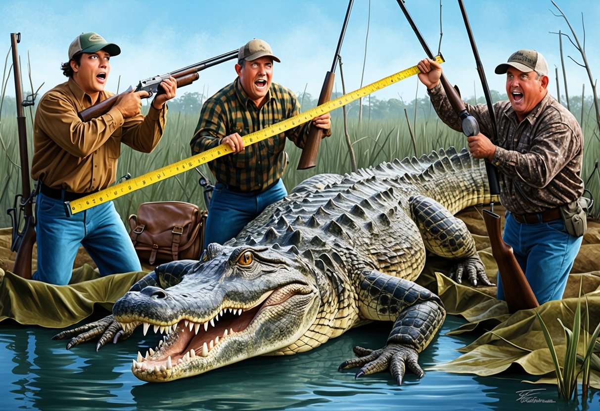 A massive alligator is caught in a swamp, surrounded by hunters and their equipment.</p><p>The alligator's size is emphasized through the use of a measuring tape and excited expressions on the hunters' faces