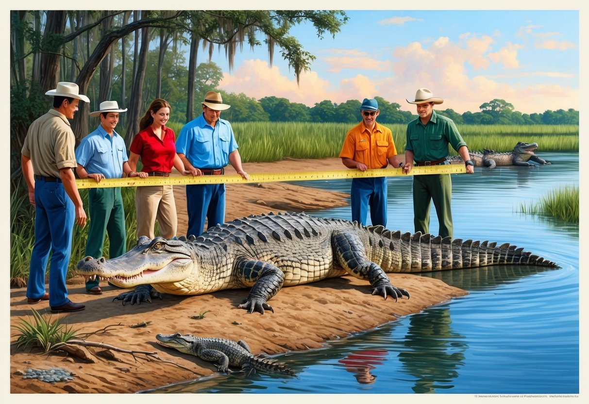 A massive alligator being measured by a group of people on a riverbank