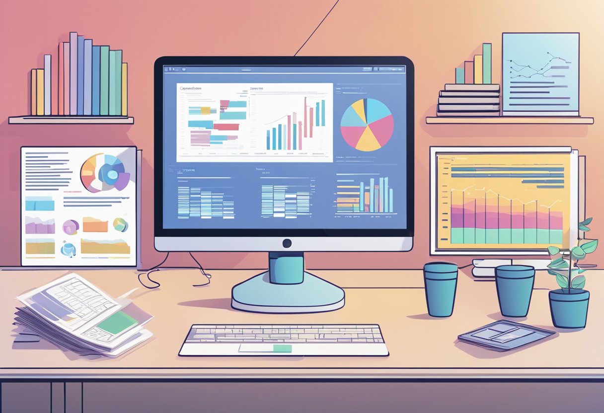 A modern office setting with a computer screen displaying AI text generation results, surrounded by research materials and data charts