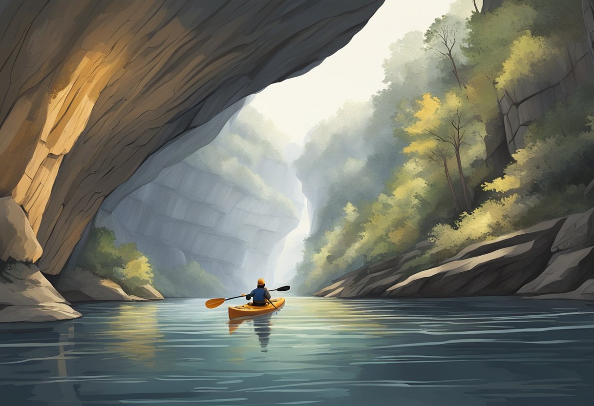 A kayaker navigates through the dark, winding underground river of Red River Gorge in Kentucky, surrounded by towering limestone cliffs and the eerie glow of cave formations