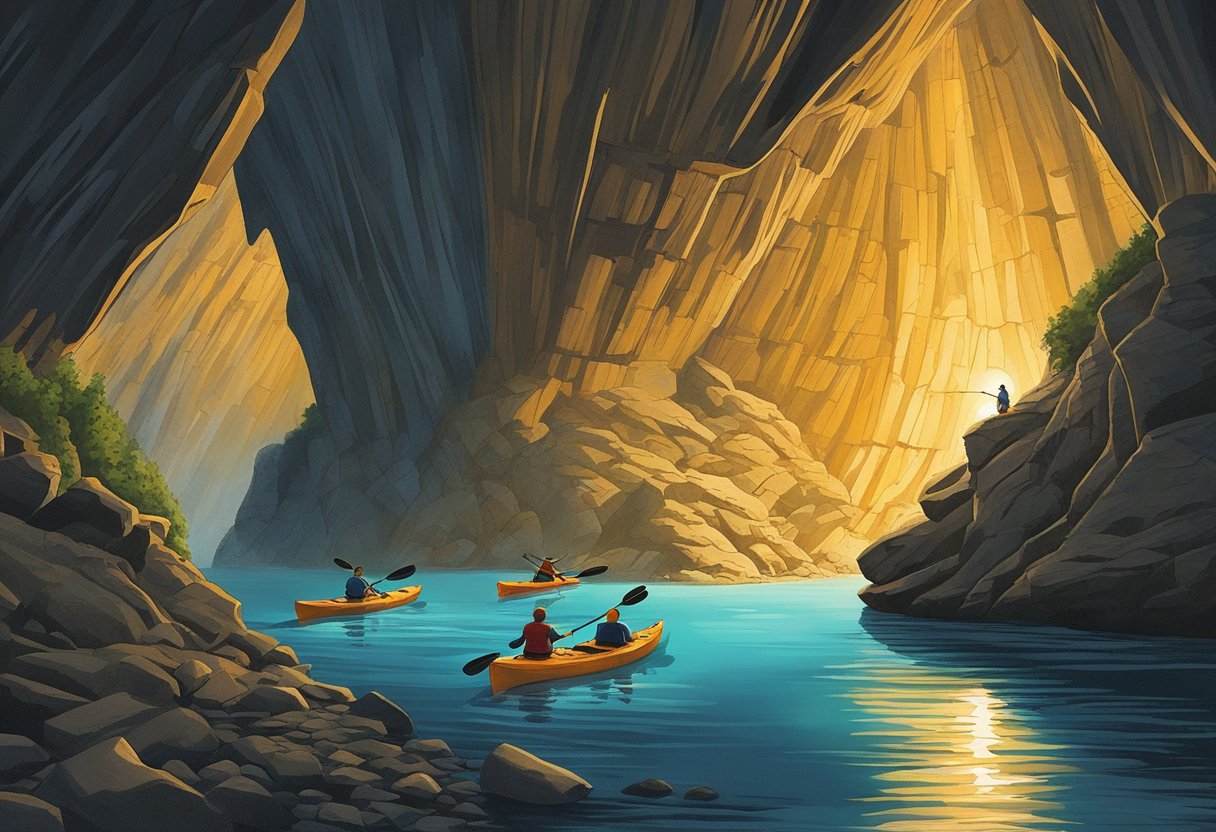 A group of kayakers navigates through the dark and narrow underground caves of Red River Gorge in Kentucky, with the glow of their headlamps illuminating the rocky walls and the clear water below