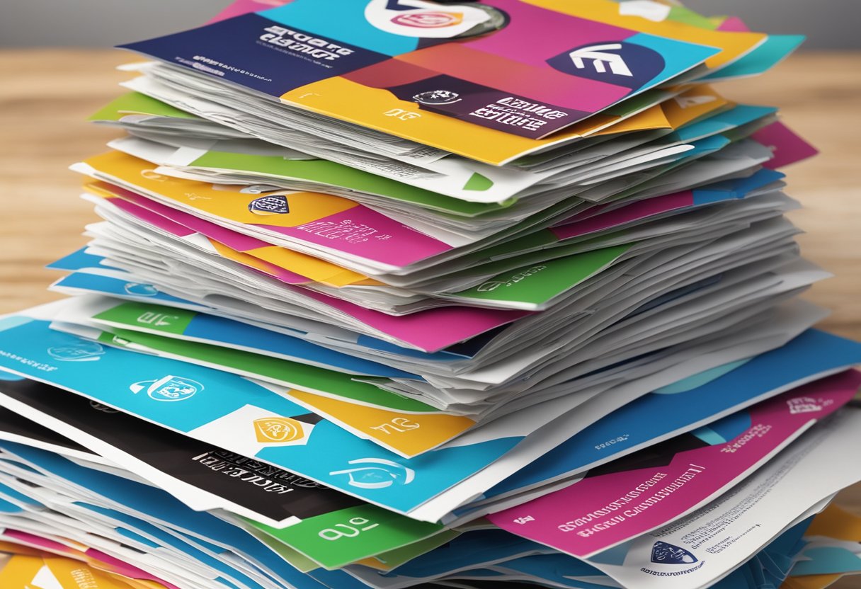 A stack of colorful newsletters with the eTrueSports logo on the front, surrounded by icons representing different topics such as sports, technology, and entertainment