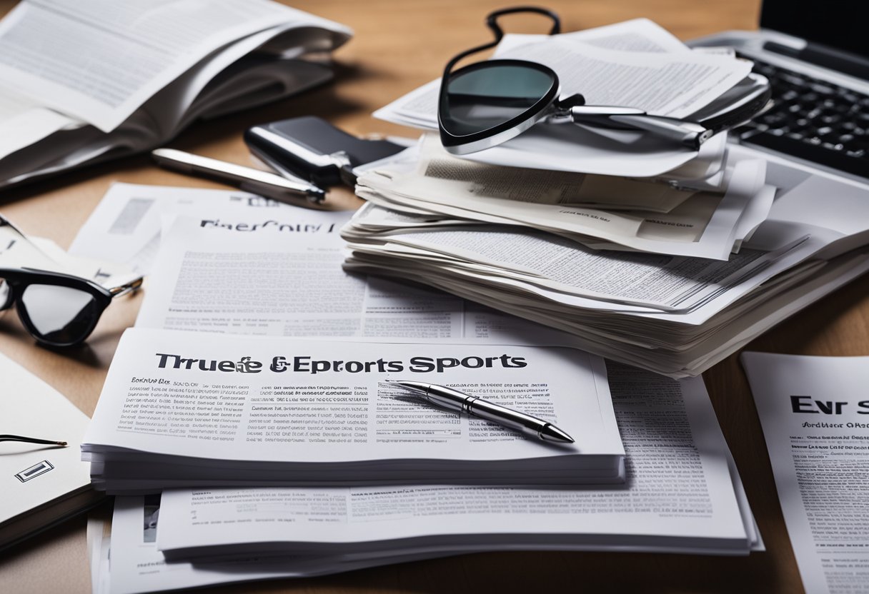 A stack of newsletters with the eTrueSports logo on the cover, surrounded by various news-related items such as a magnifying glass, a pen, and a laptop