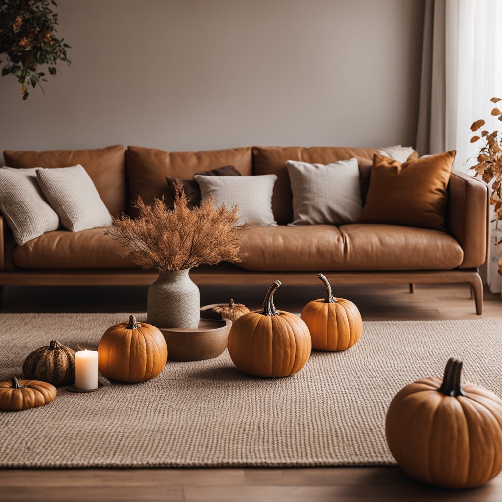 Un salon confortable avec une décoration minimaliste, présentant des tons chauds et terreux, un espace dégagé avec des meubles simples et fonctionnels, et des accents automnaux subtils comme des feuilles sèches et de petites citrouilles.