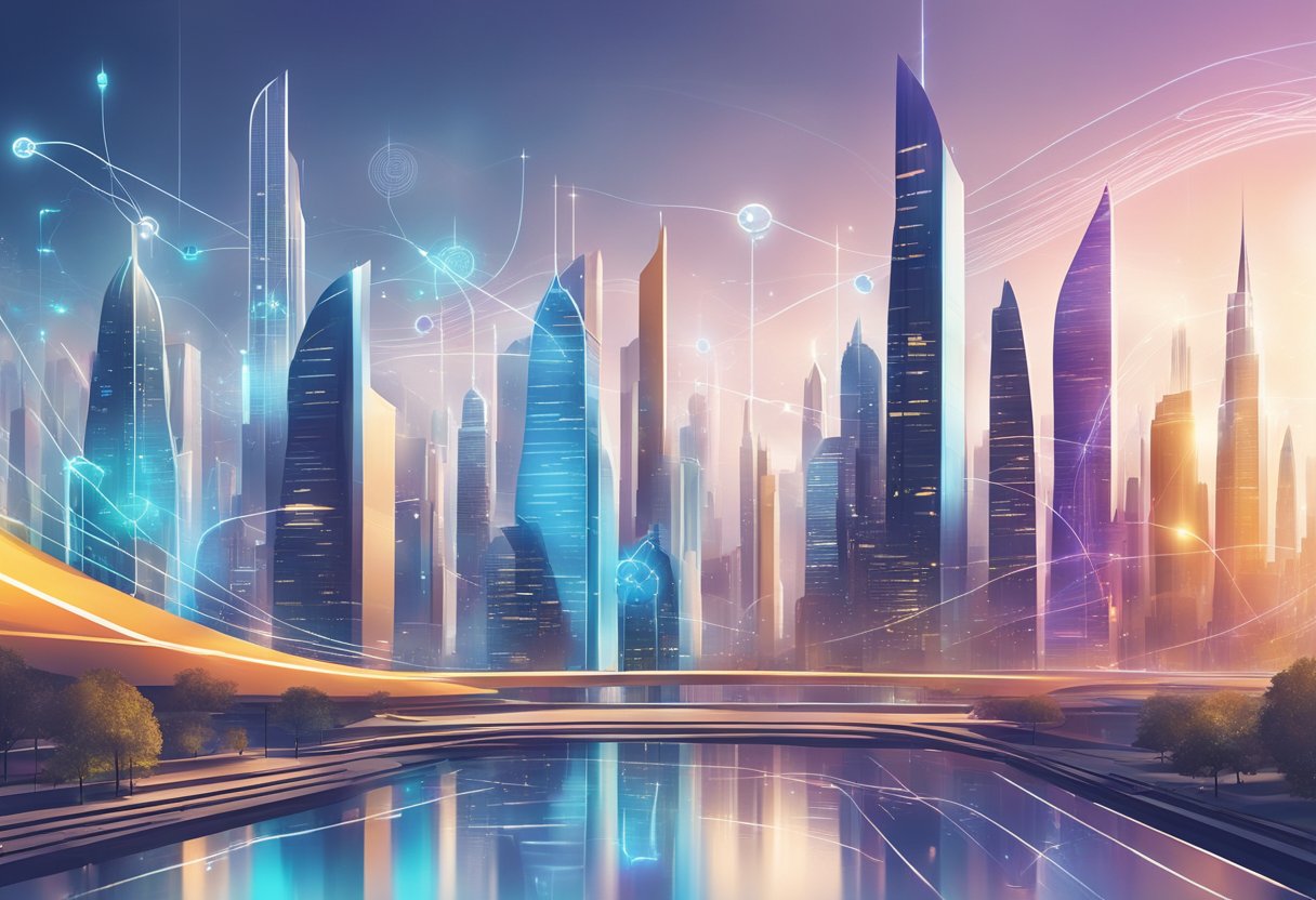 A futuristic city skyline with AI search engine algorithms flowing through digital networks