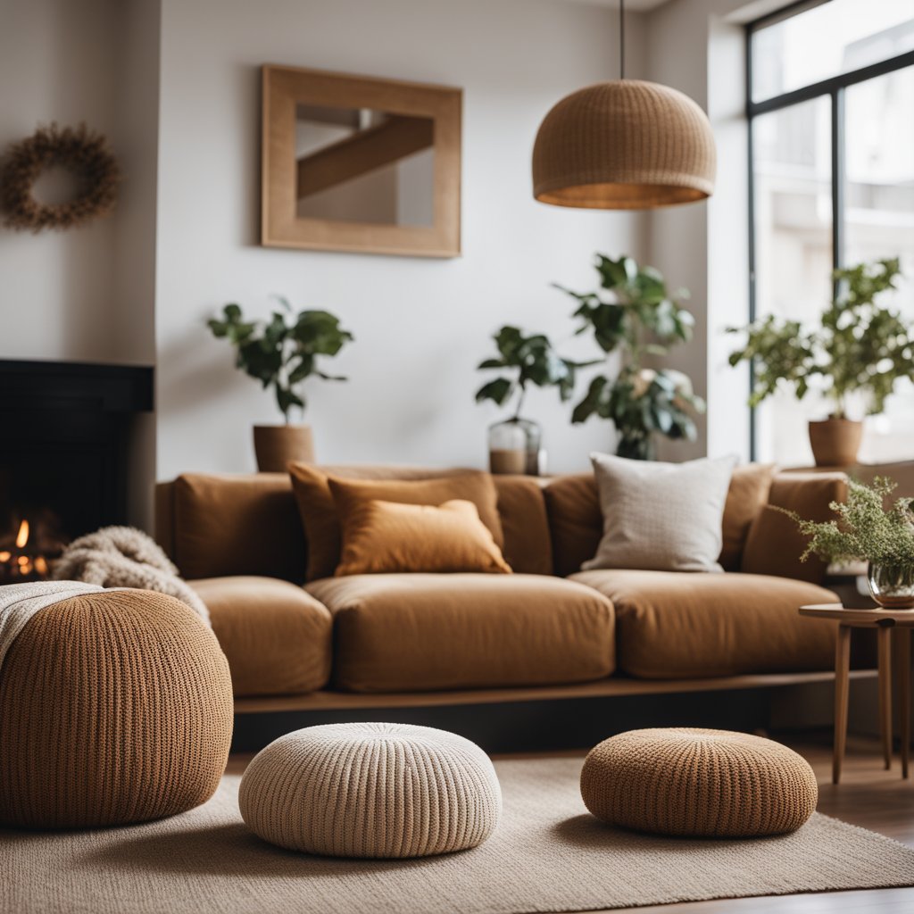 Un salon confortable avec des coussins en velours côtelé, une décoration automnale chaleureuse et un design minimaliste sans encombrement.