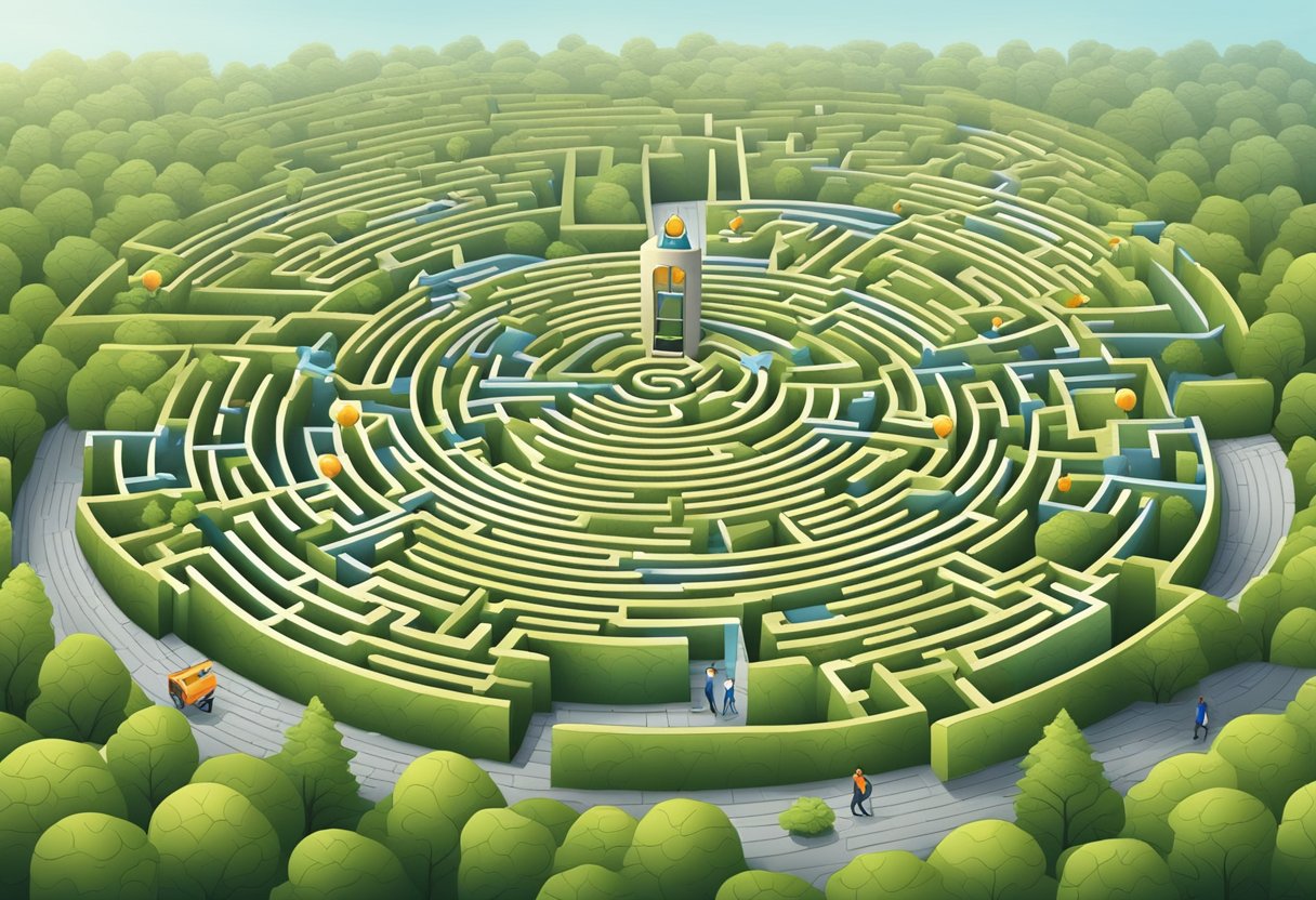 A maze with obstacles and roadblocks, with a search engine struggling to navigate through the complex terrain