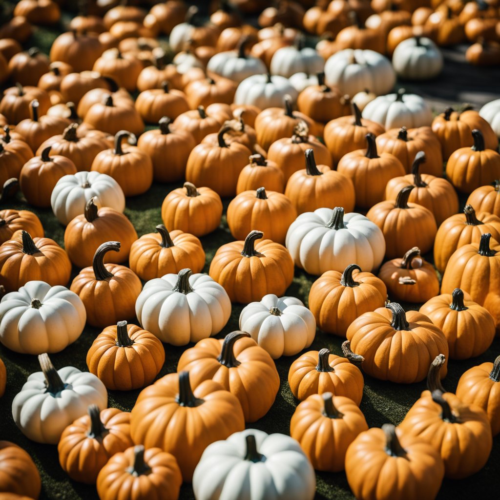 Une collection de citrouilles en céramique disposées sur une présentation automnale minimaliste et épurée.