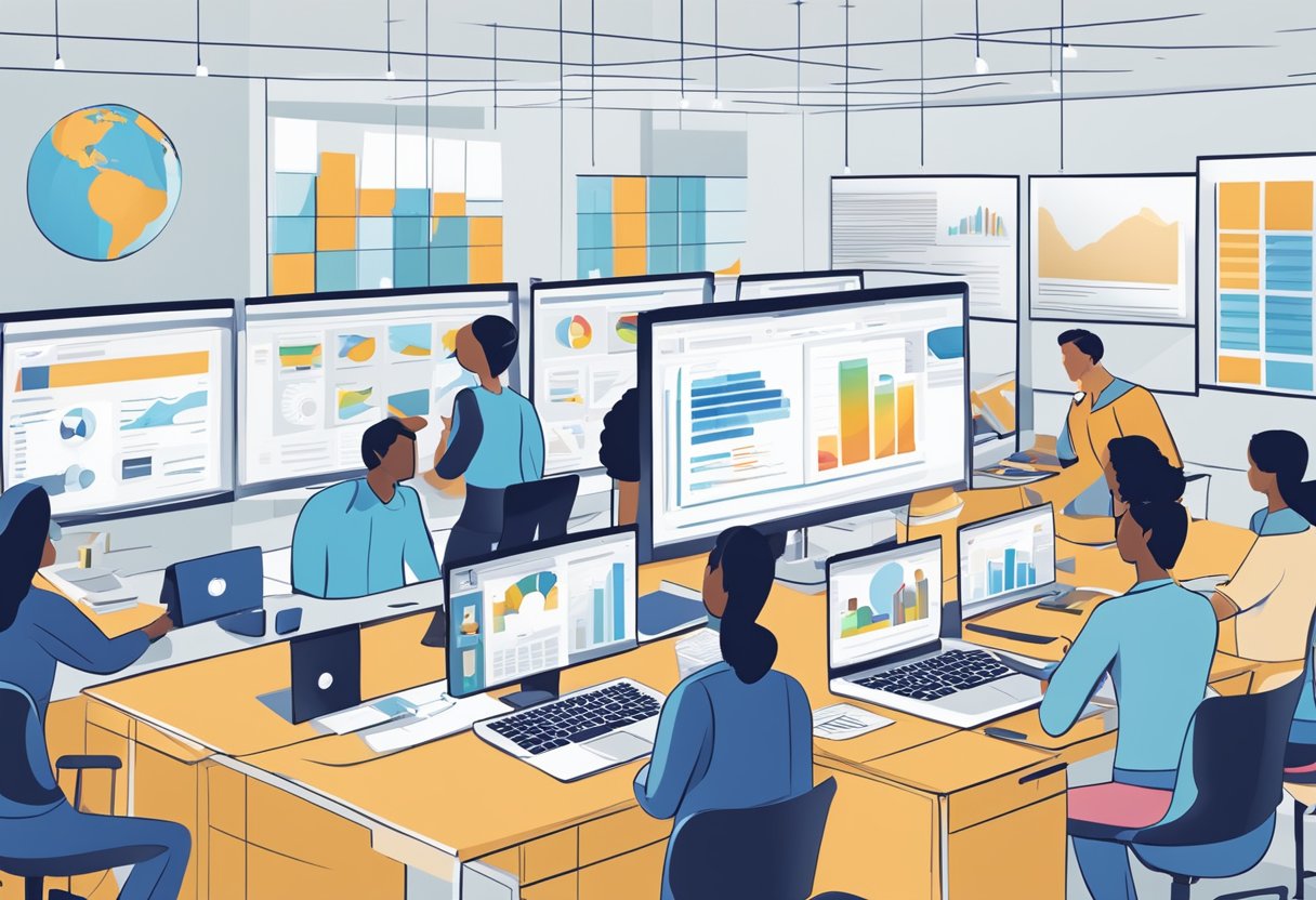 An office setting with a computer screen displaying an AI search engine, surrounded by business professionals collaborating and brainstorming