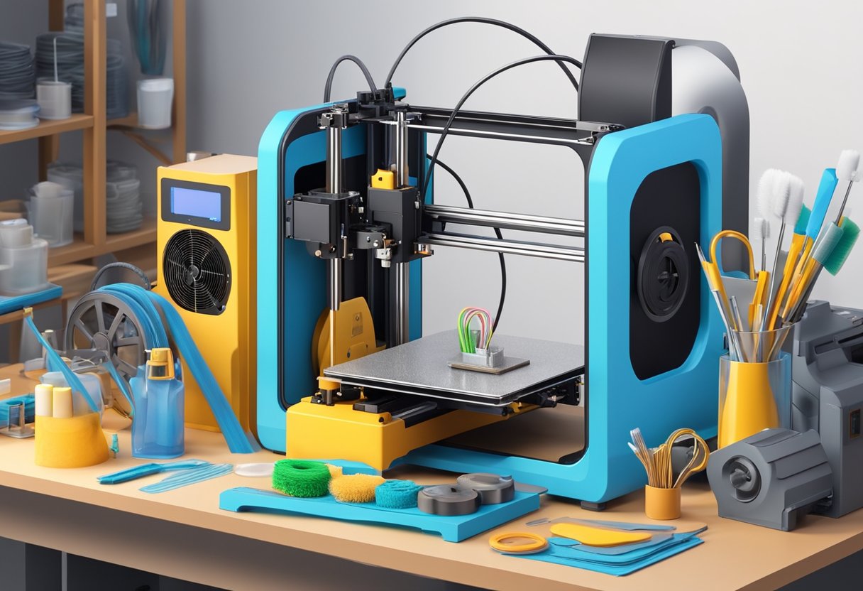 A 3D printer surrounded by various accessories and tools, such as filament spools, nozzles, and cleaning brushes, on a cluttered workbench