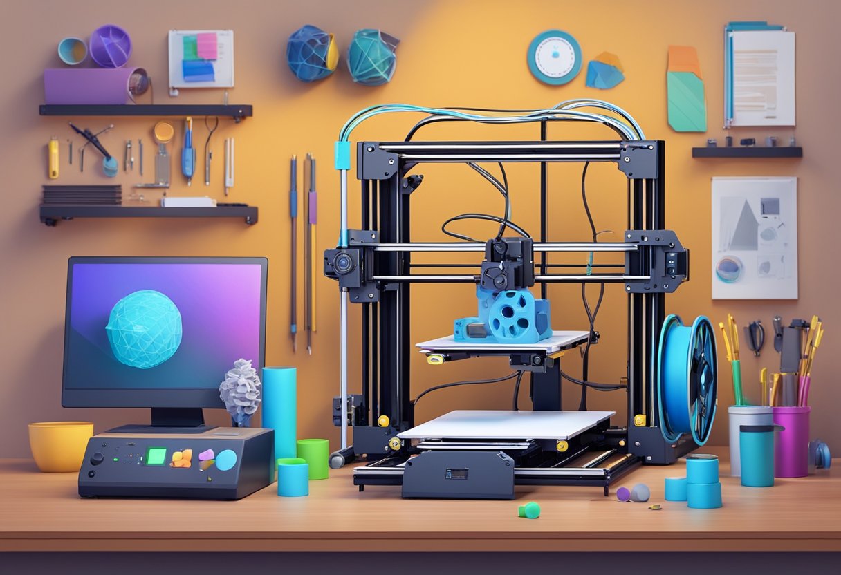 A 3D printer surrounded by various performance upgrades and modifications, with accessories and tools scattered around the workspace