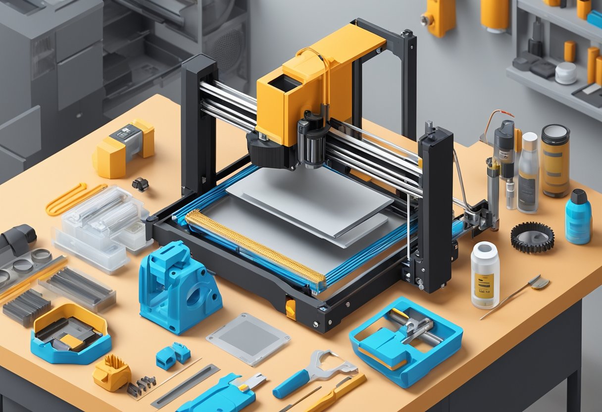 A 3D printer accessory kit laid out on a clean workbench, with tools, lubricants, and replacement parts neatly organized for maintenance and care