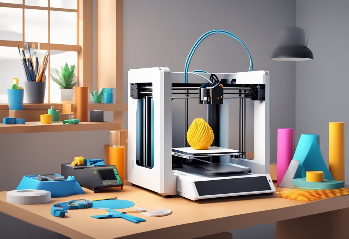 A 3D printer with various accessories scattered around it on a workbench