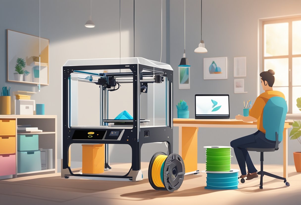 A person setting up a 3D printer on a desk in a well-lit room with tools and filament spools nearby