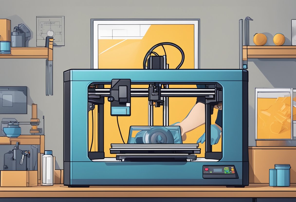 A person adjusting settings on a 3D printer while watching the object being printed, with various tools and materials nearby for enhancing the printing experience