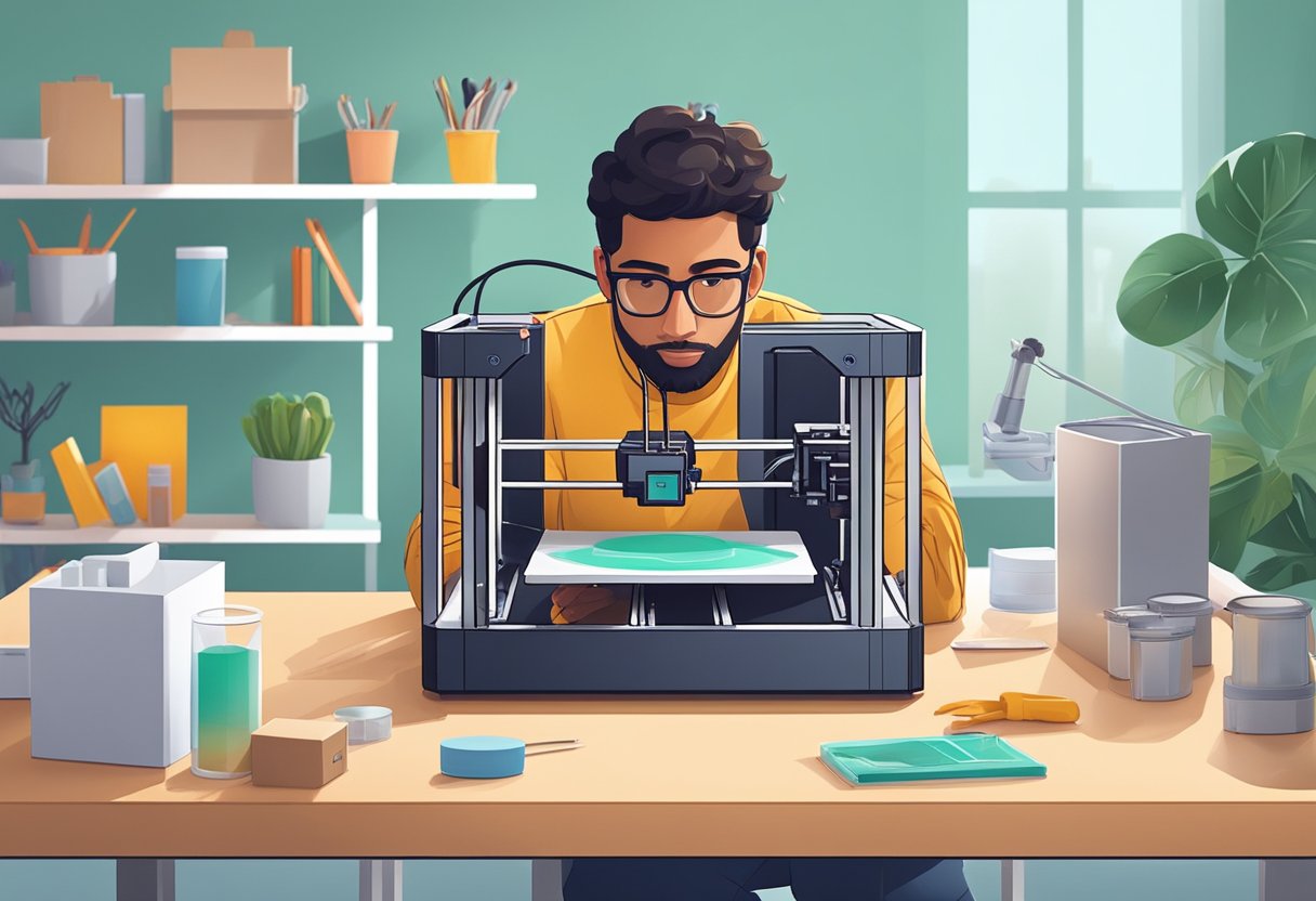 A person unboxing and setting up a 3D printer on a clean, well-lit desk with various tools and materials nearby