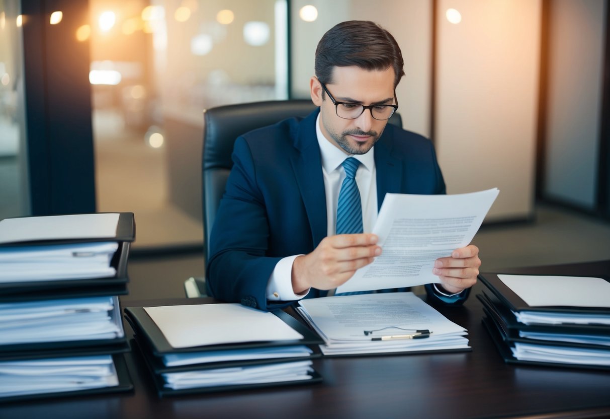 A Michigan lawyer studying a legal document with a stack of personal injury case files on the desk