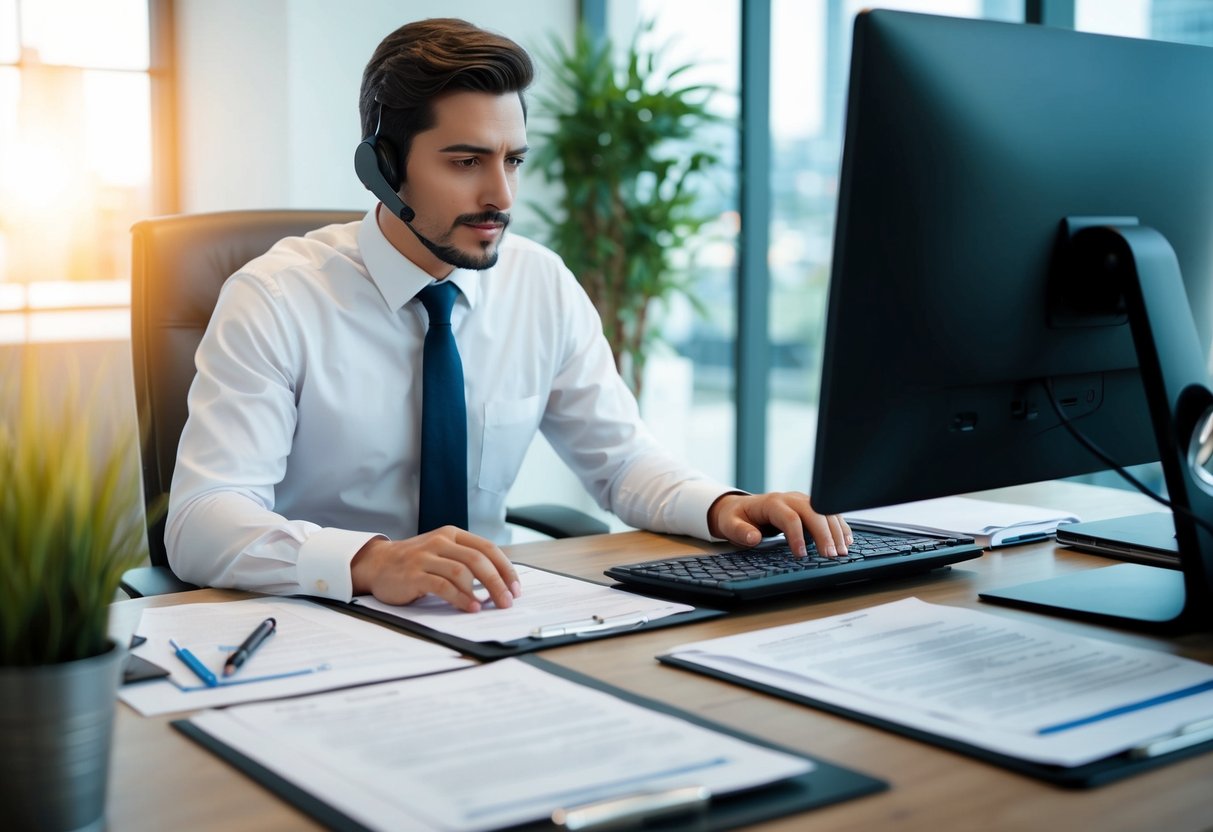 A person sitting at a desk, surrounded by paperwork, talking on the phone, and typing on a computer while filling out forms