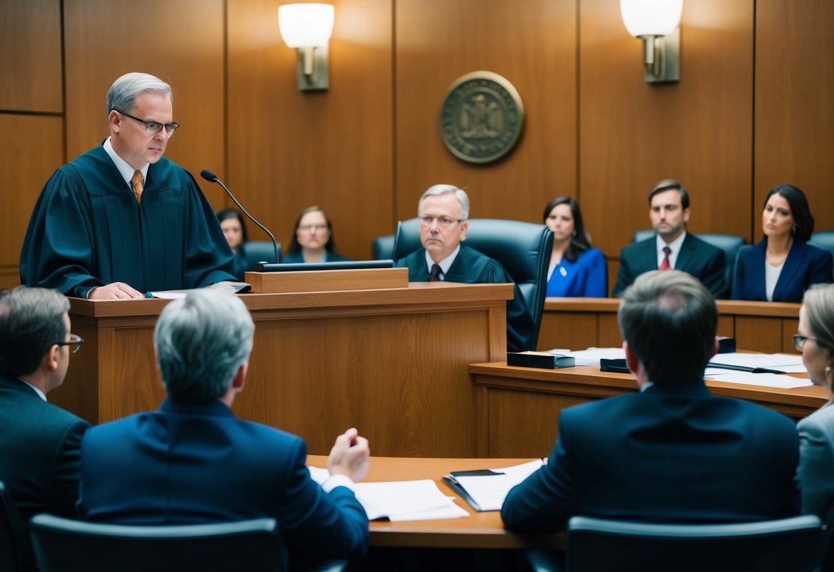 A courtroom with a judge presiding over a personal injury lawsuit in Michigan, with lawyers presenting evidence and a jury listening attentively